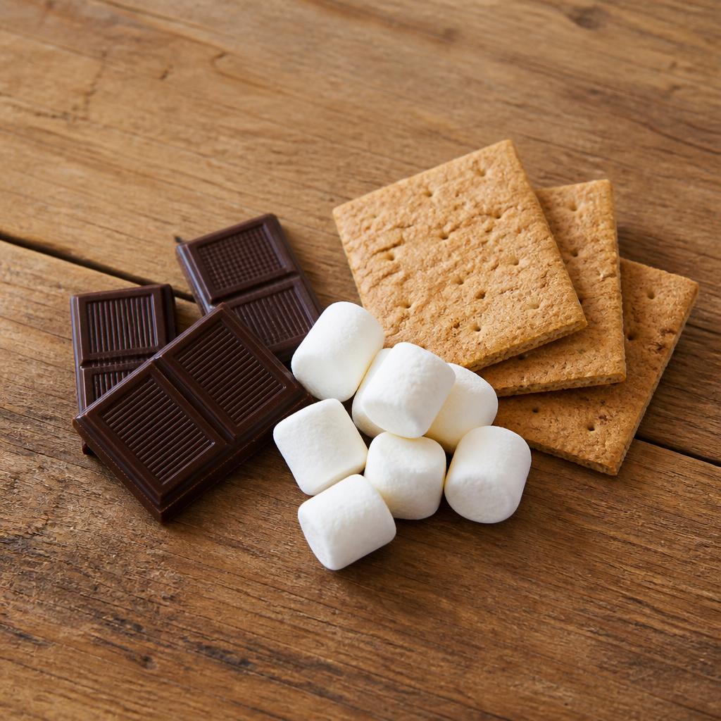 A small s'mores kit with chocolate pieces, marshmallows, and graham crackers on a wooden table.